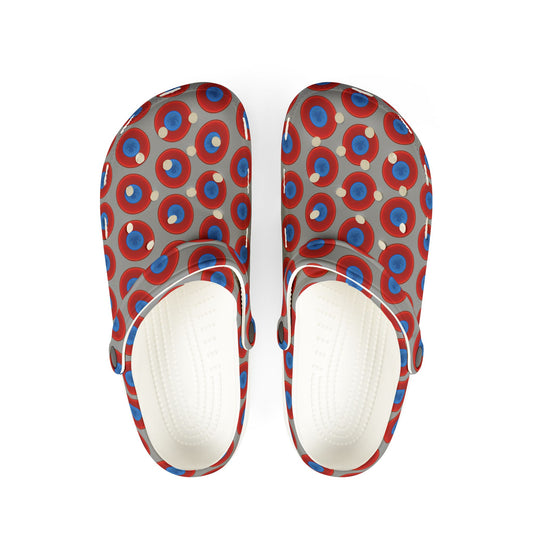 Spatchcocks - donut slip-on shoes - "Roger Moore's Octopussy Donut" - red vivid donuts w/gray background [unisex]