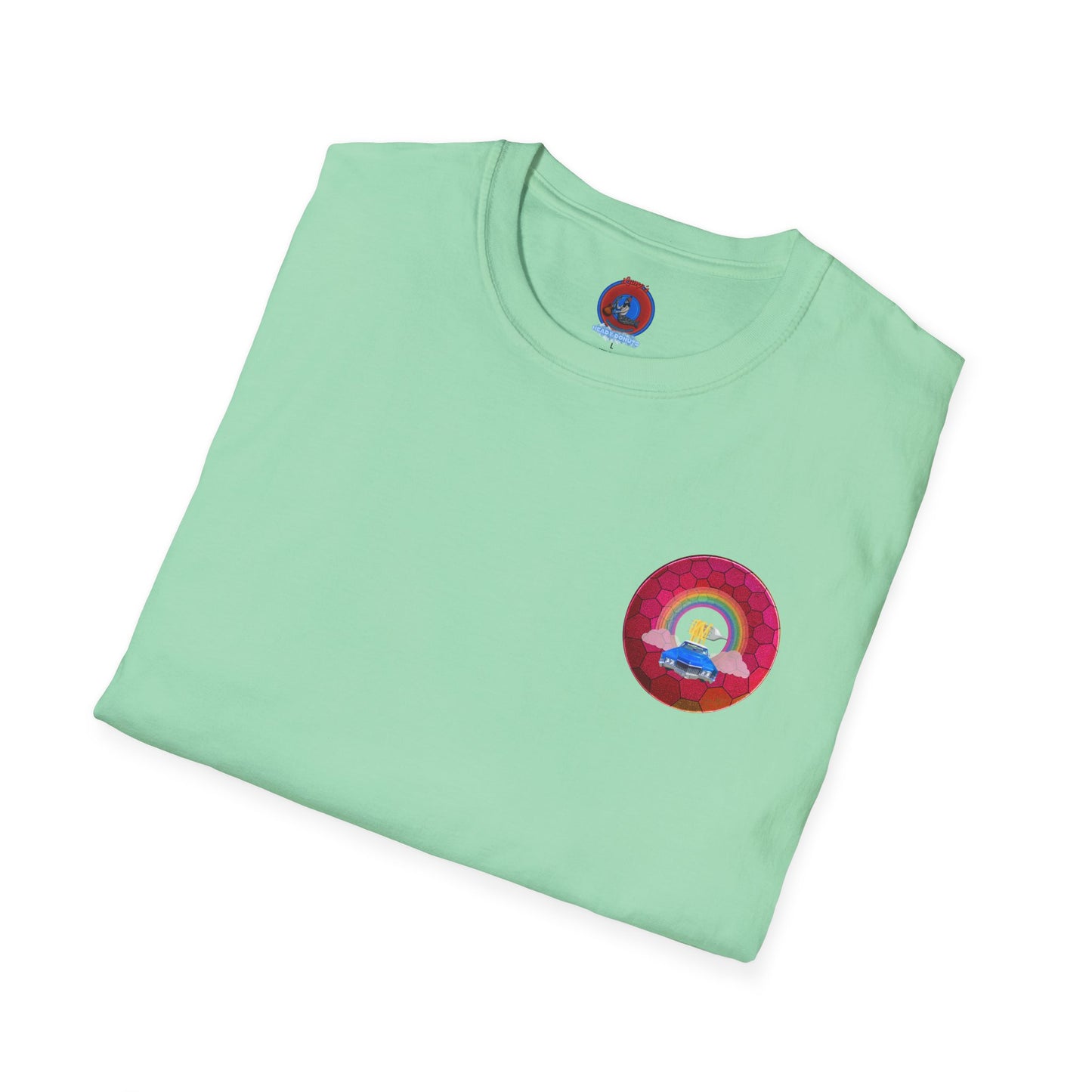 Classic Donut Tee - Unisex Soft-Style - "Cadillac Rainbows Donut Tee " - variant 2 - magenta hexadonut w/blue caddy