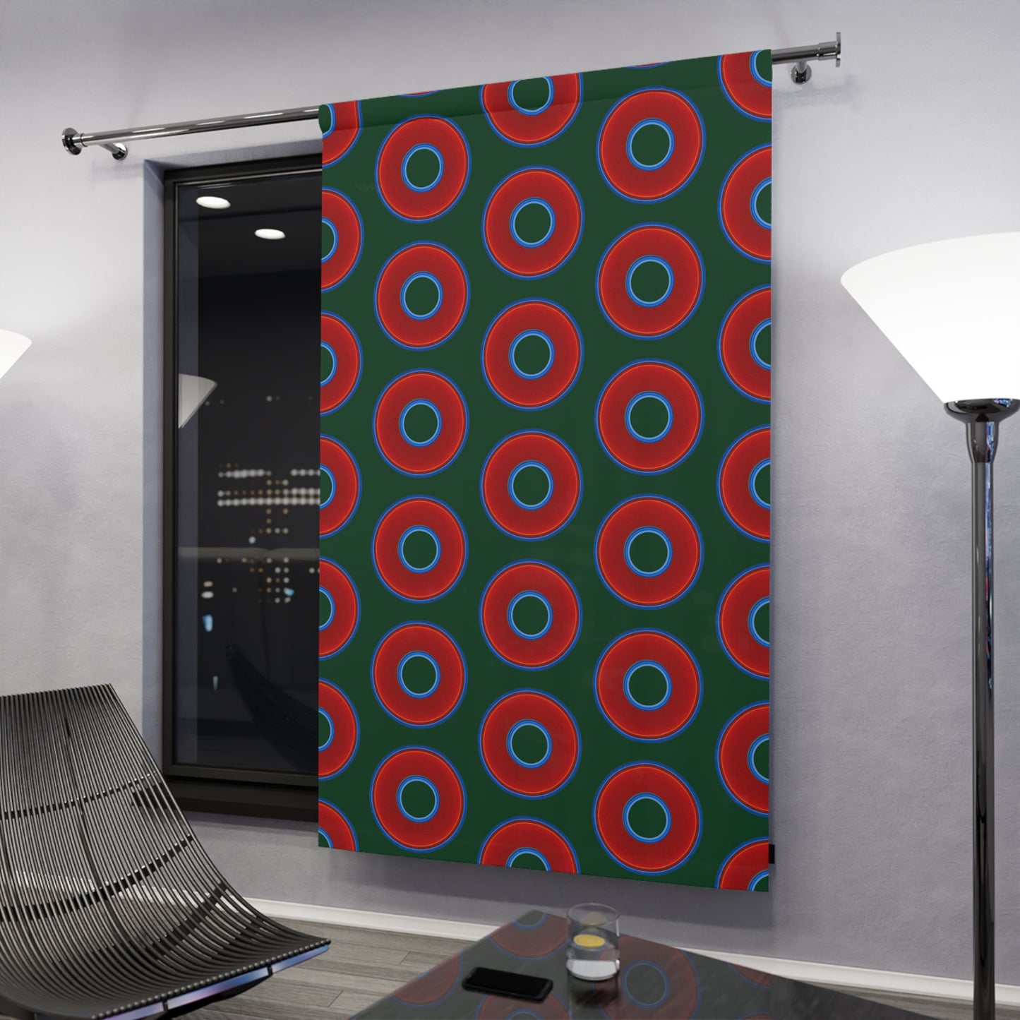 Lump's Heady Curtain w/Donuts - vivid red donut print - w/deep pond green background - [*1 Piece / 50" x 84"]