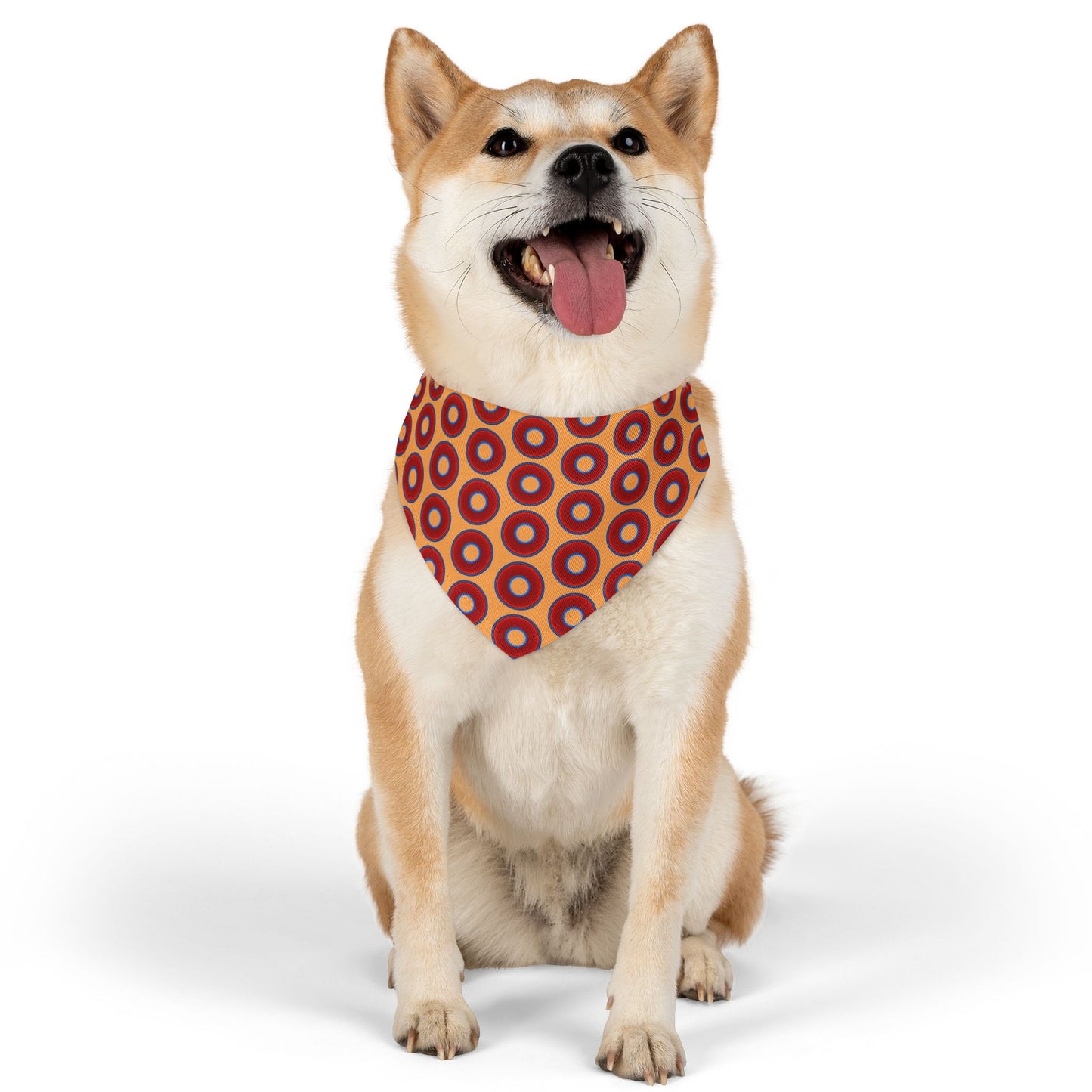 Jim's Lumpy Bandana Pet Collar - vivid red donuts w/creamsicle orange background