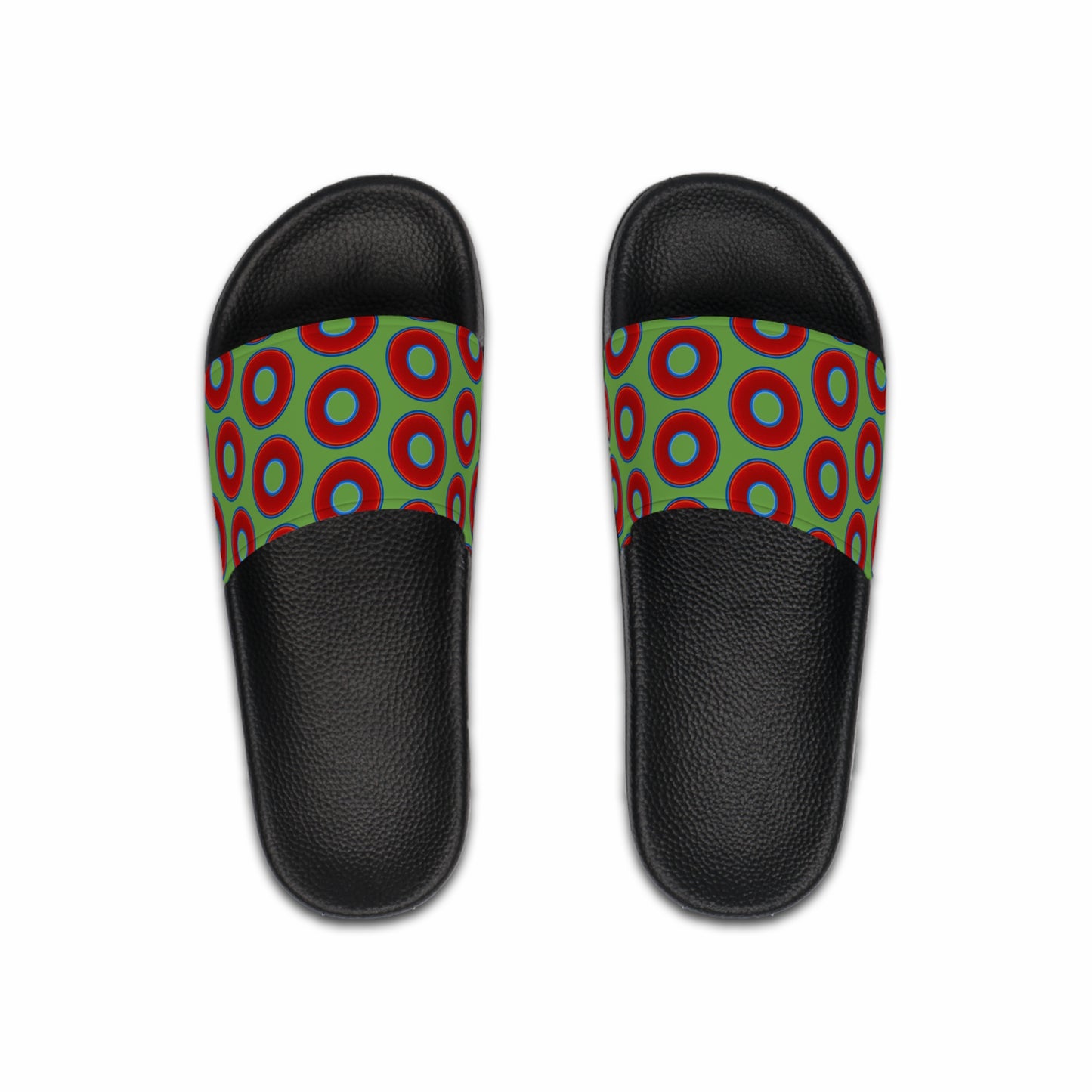 Men's Lumpy Sandals - slip-ons - red vivid donuts w/light green background