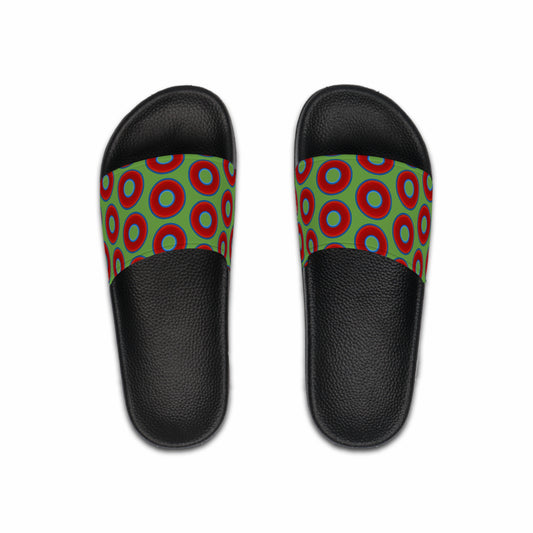 Men's Lumpy Sandals - slip-ons - red vivid donuts w/light green background