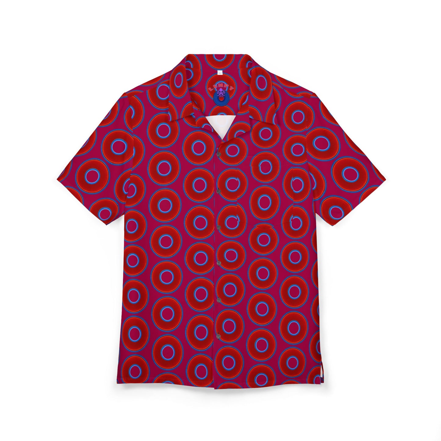 Wilson's 'Epic Hawaiian-Punch' Shirt - vivid red donut print w/dark magenta background [unisex]