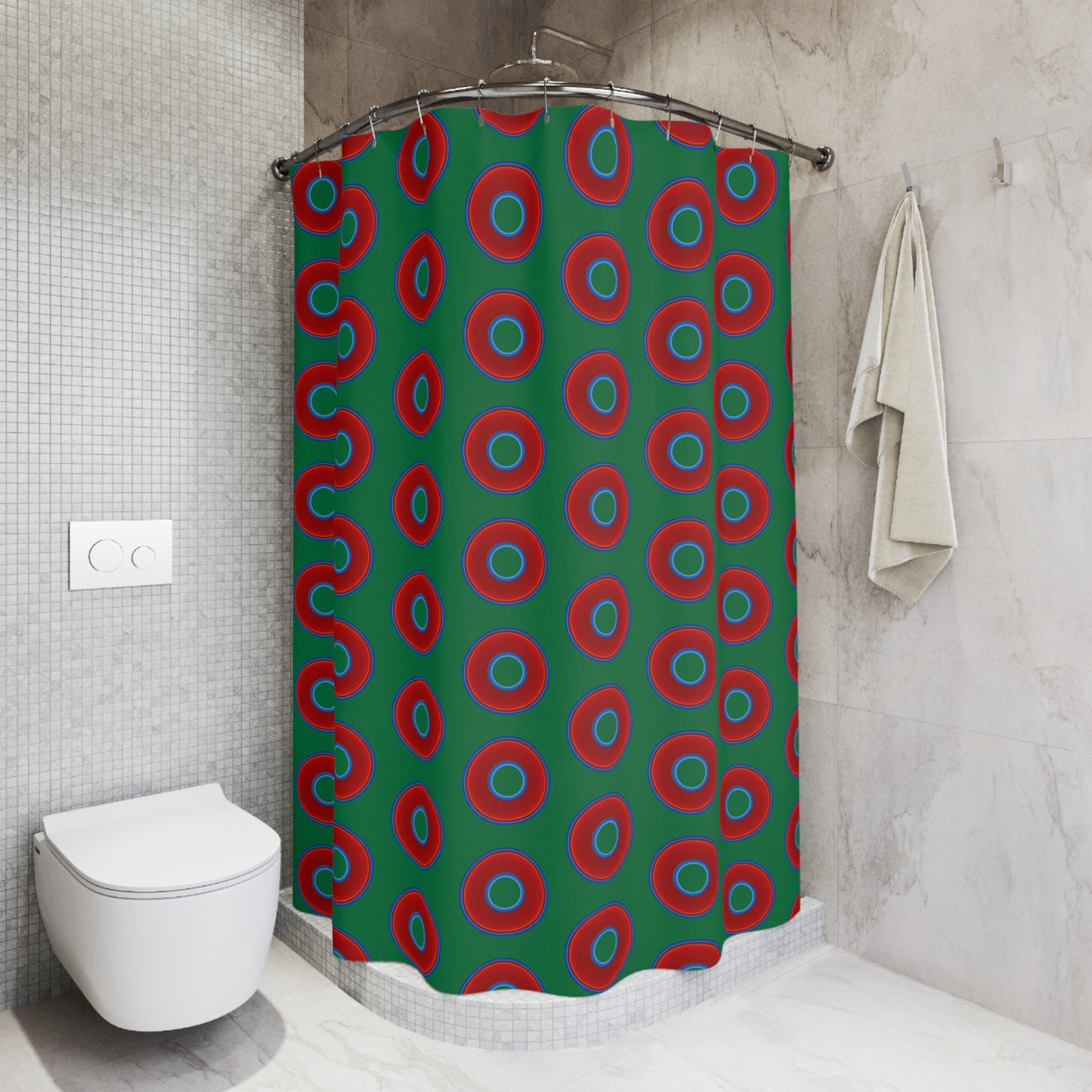 The Curtain With "Donuts" - Lumpy Bath Time Fun - vivid red donuts w/green background