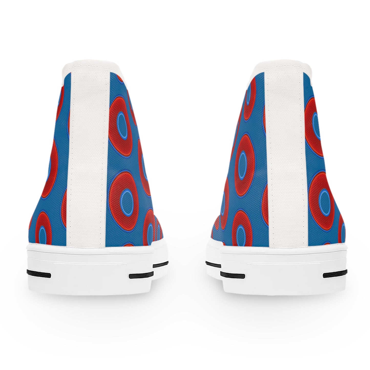 Women's High Top Chuck Taylors - large vivid red donut print w/wavy navy blue background
