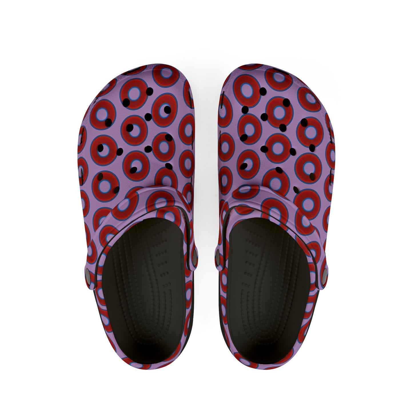 Spatchcocks - donut slip-on shoes - vivid red donuts w/wisteria purple background [unisex]