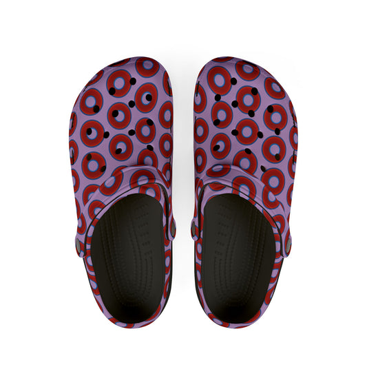 Spatchcocks - donut slip-on shoes - vivid red donuts w/wisteria purple background [unisex]