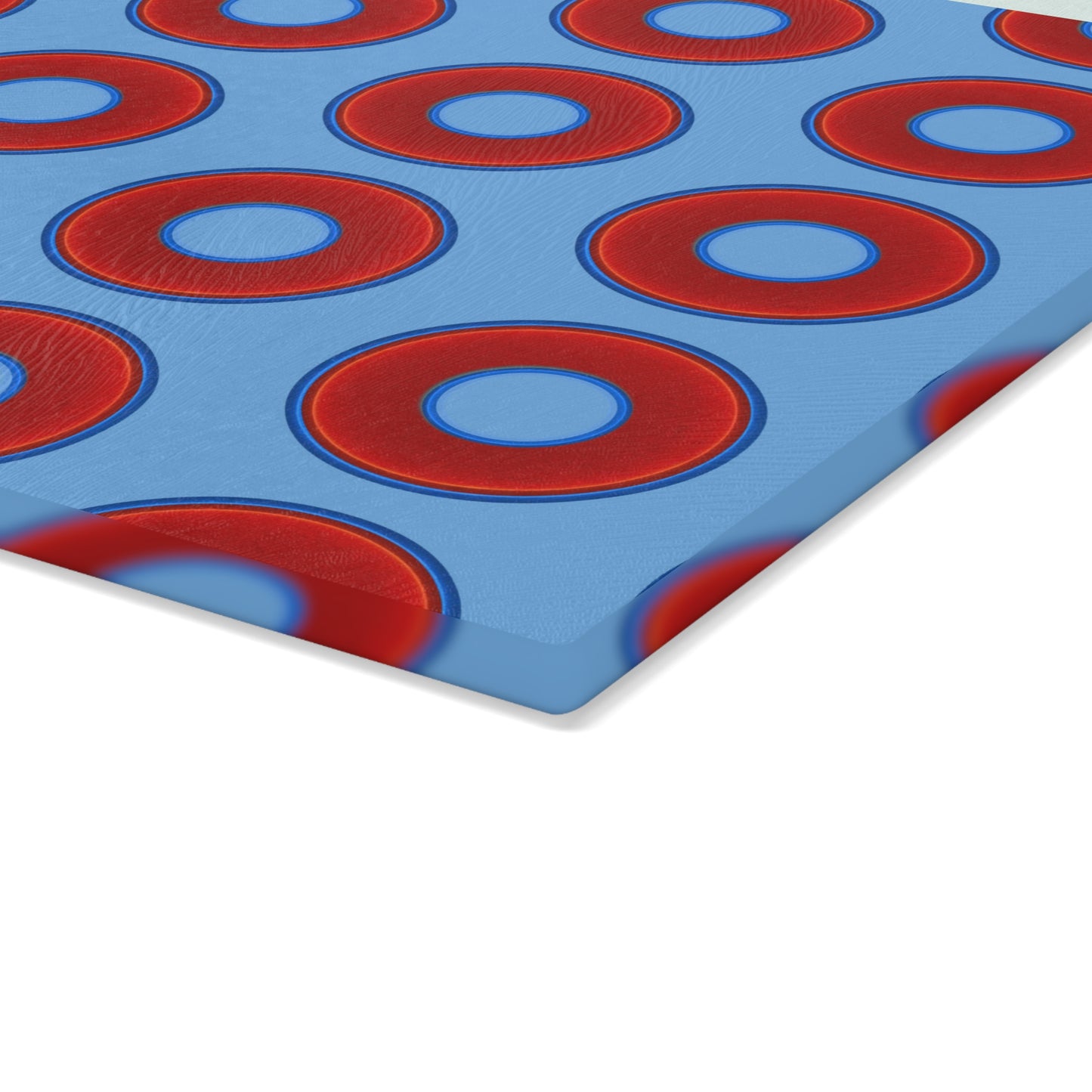 My Friend's Cutting Board - vivid red donuts w/light blue background