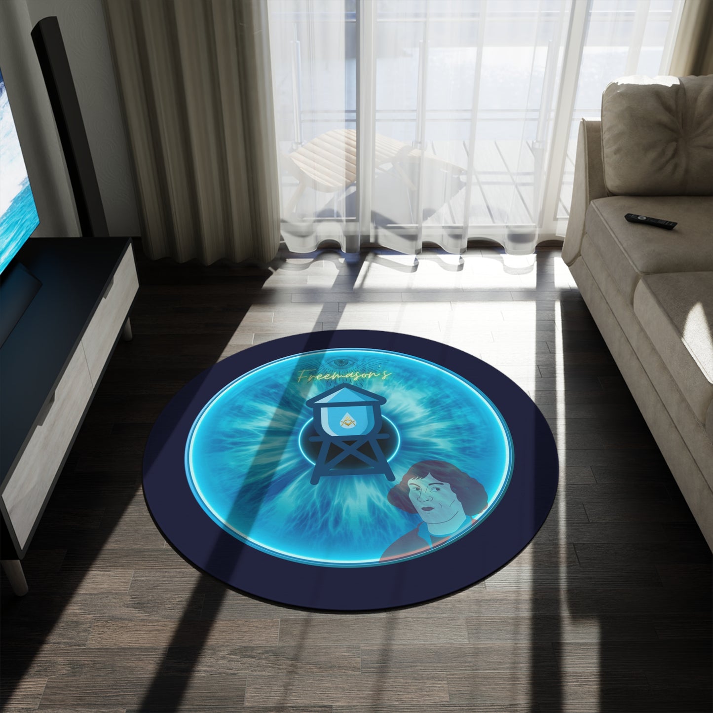 Round Room - 5 ft x 5 ft Lumpy Donut Rug - "The Peering Donut Rug of Opacity" - light blue idonut w/dark navy background - variant 3