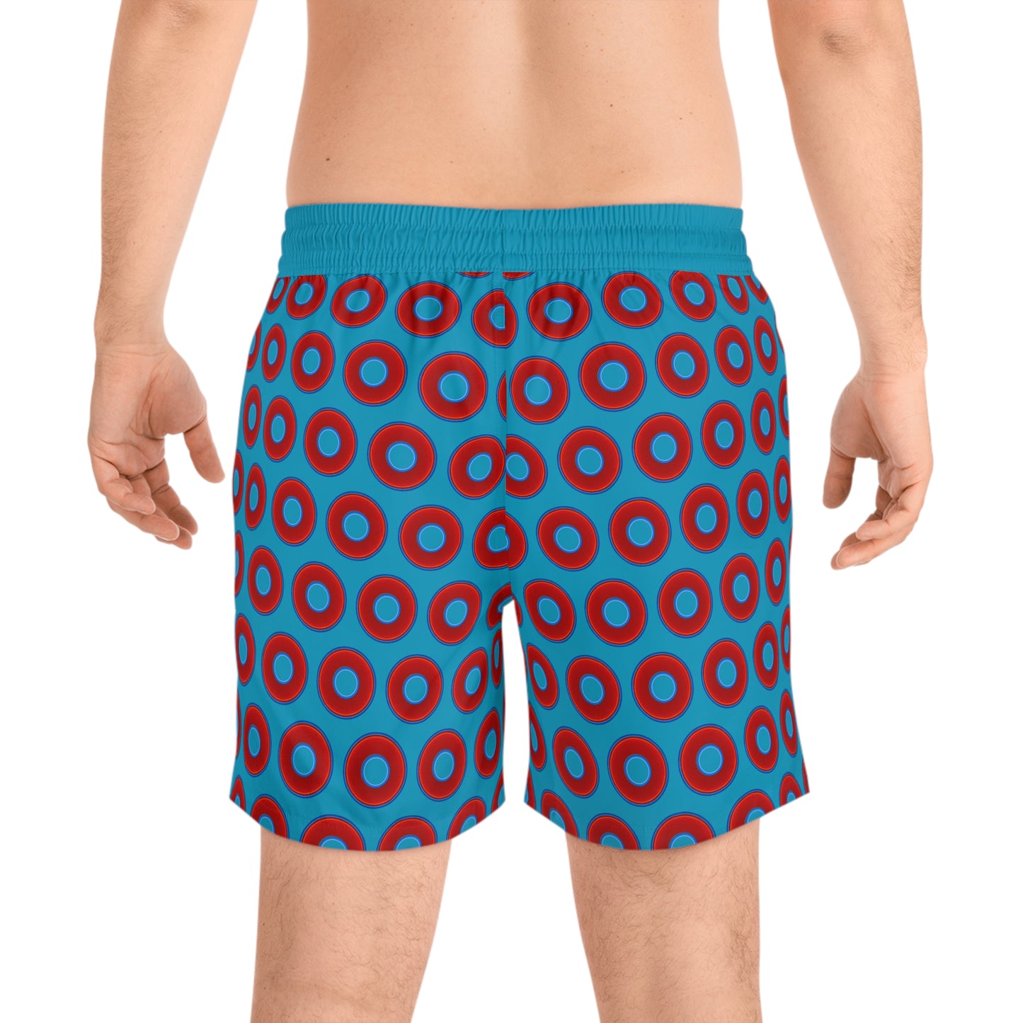 Men's Lumpy Swim Trunks - vivid red donut print w/aquamarine blue background