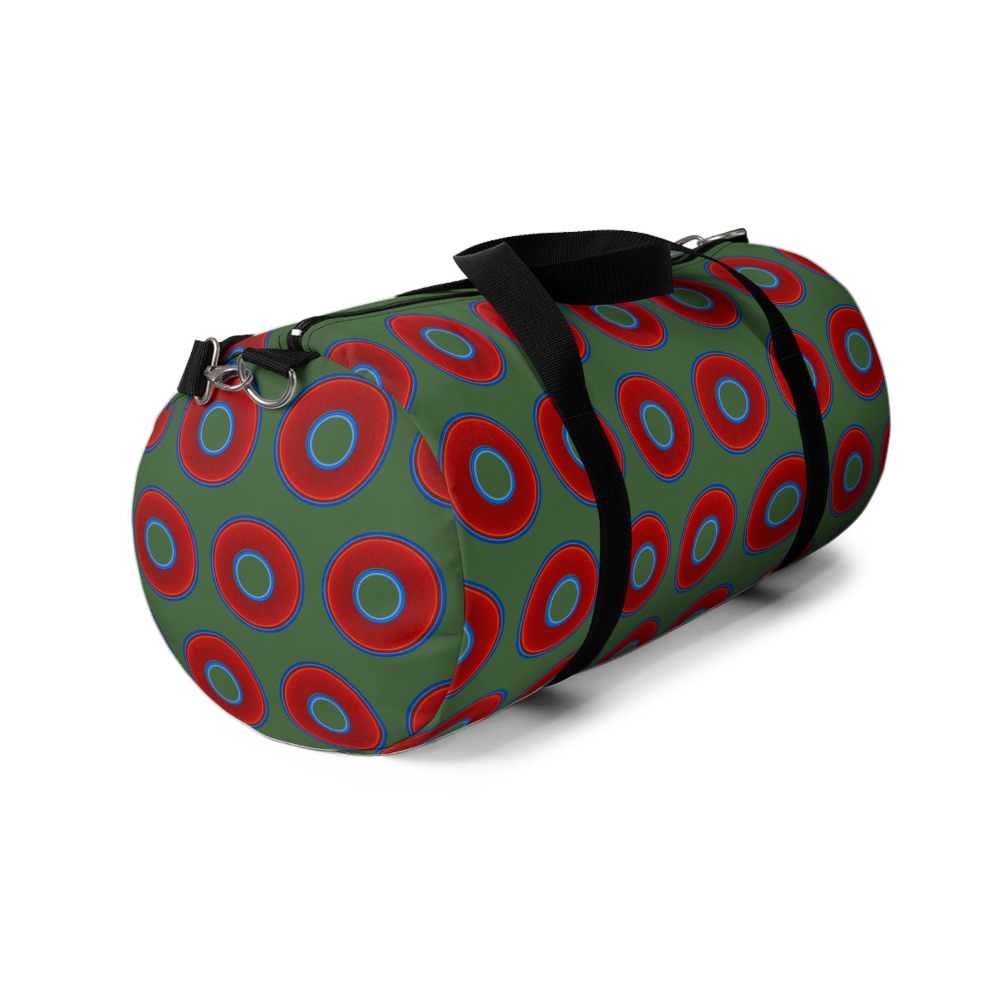 Lumpy Duffel - vivid red donuts w/dark green background