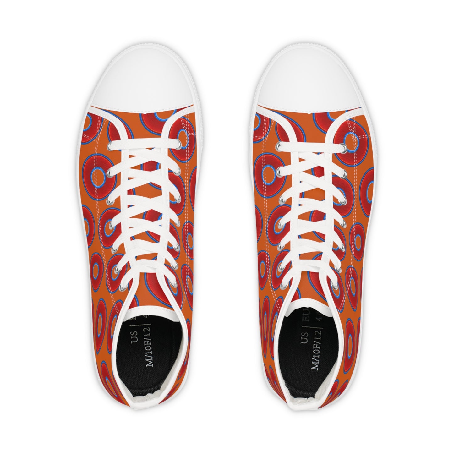 Men's High Top Chucks - large vivid red donut print w/dark orange background