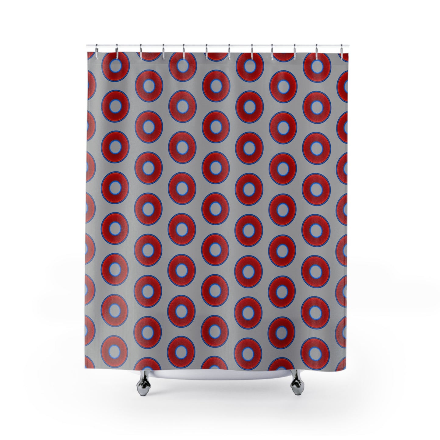 The Curtain With "Donuts" - Lumpy Bath Time Fun - vivid red donuts w/light gray background