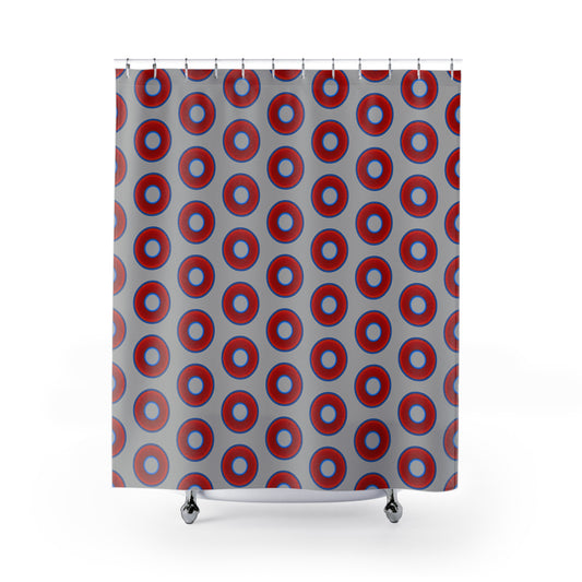 The Curtain With "Donuts" - Lumpy Bath Time Fun - vivid red donuts w/light gray background