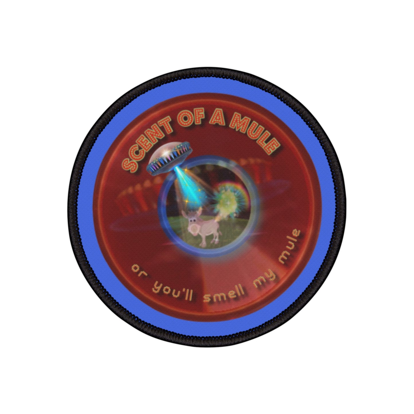 Iron-On Donut Patch - "Donut Patches? In Tomahawk County?" - vivid red donut - variant 4
