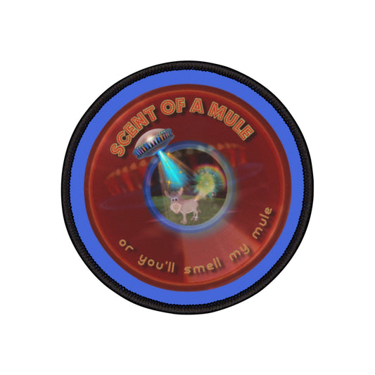 Iron-On Donut Patch - "Donut Patches? In Tomahawk County?" - vivid red donut - variant 4