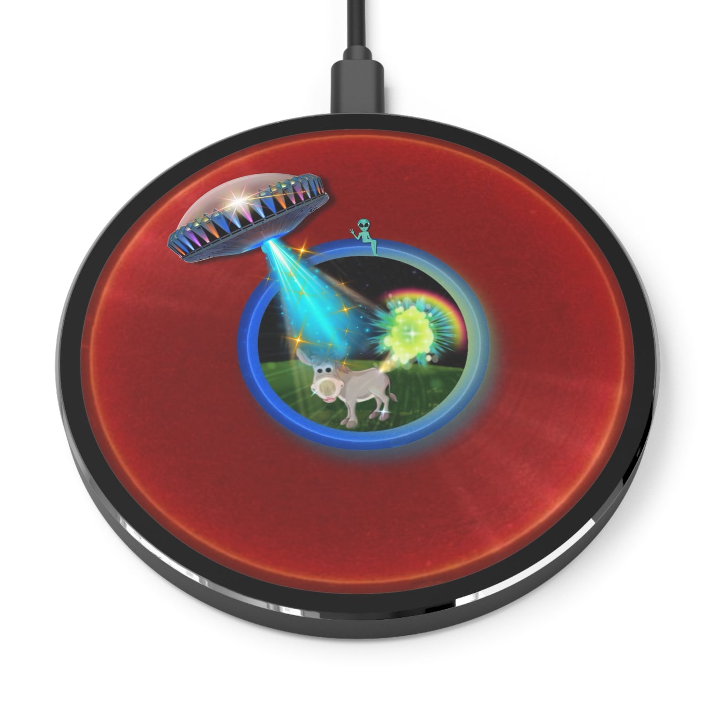 The Flow - Wireless Lumpy Donut Chargers - "Wireless Donut Chargers? In Tomahawk County?" - vivid red donut w/black background - variant 1