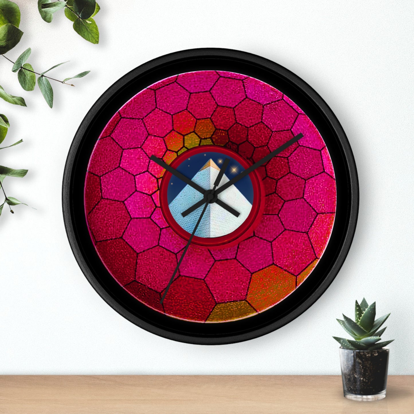 Lumpy Wall Clock - "Limestone Donut Clocks so Large" - variant 5 - magenta hexadonut w/dark crimson background