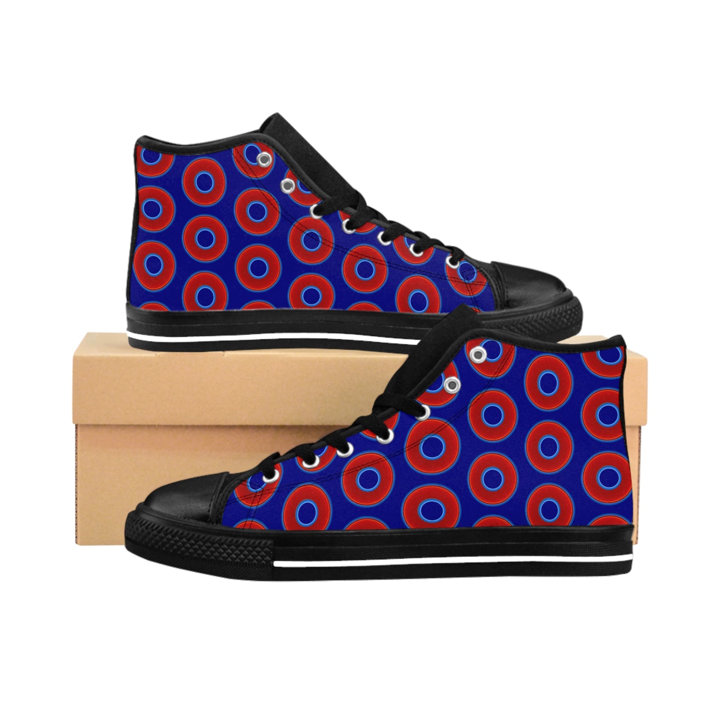 Cushiony Convectors - High Tops - red vivid donuts w/vivid navy blue background
