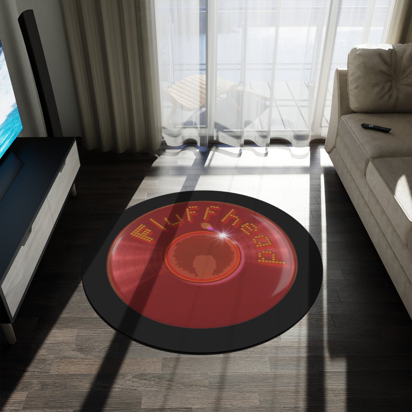 Round Room - 5 ft x 5 ft Lumpy Donut Rug - "The Fluffernutter Donut Rug" - vivid red record donut w/black background