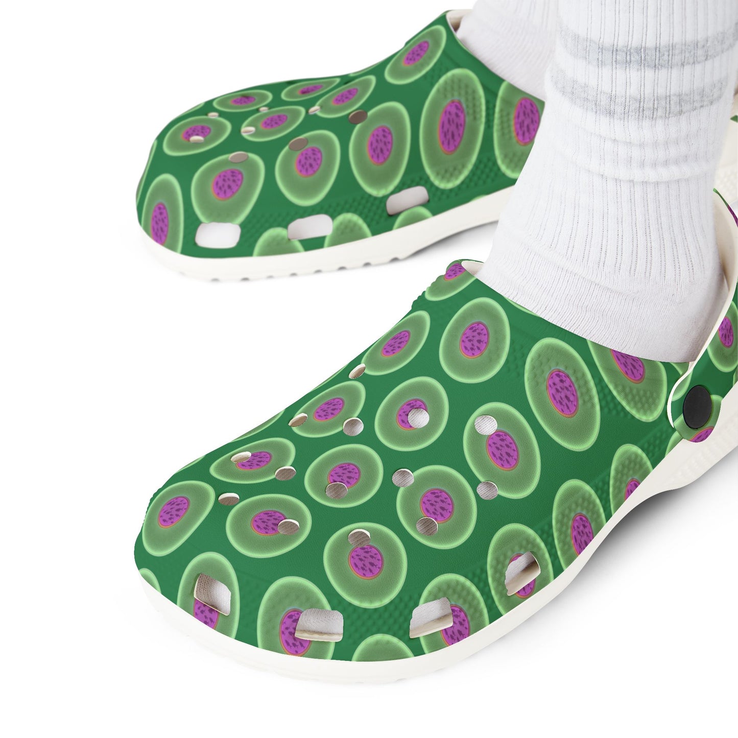 Spatchcocks - donut slip-on shoes - "The Donut Swimming By" - variant 1 - green phatty donuts w/green background background [unisex]