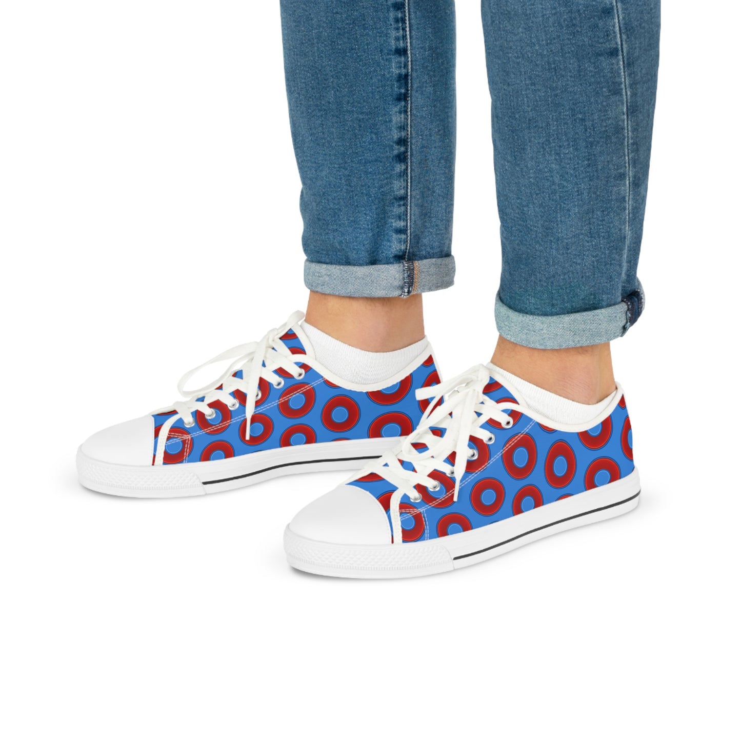 Men's - Low Top Chuck Taylors - large vivid red donut print w/light royal blue background