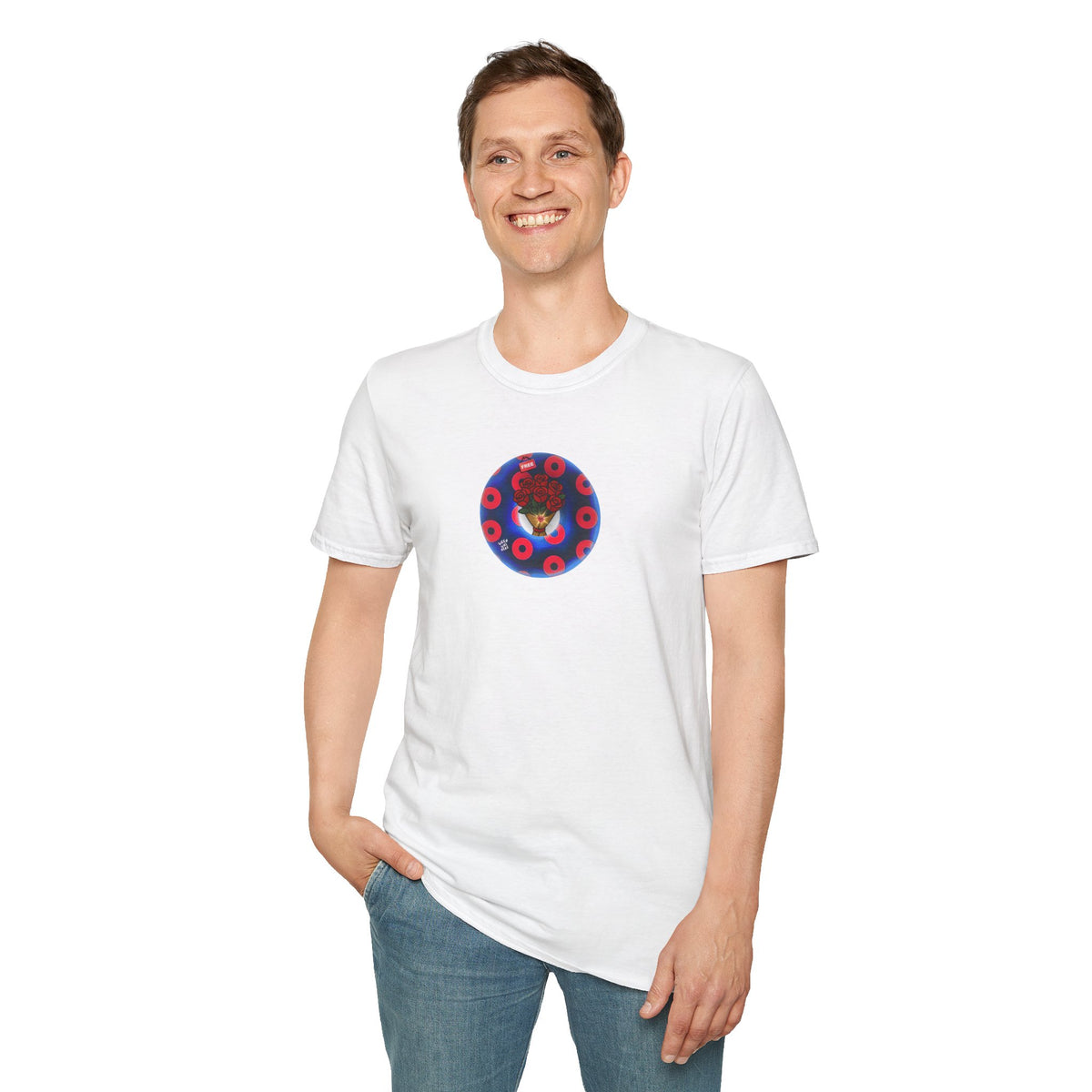 Classic Donut Tee - Unisex Soft-Style - "Donuts of Phreedom" - red/blue paradoxical blimpy donut