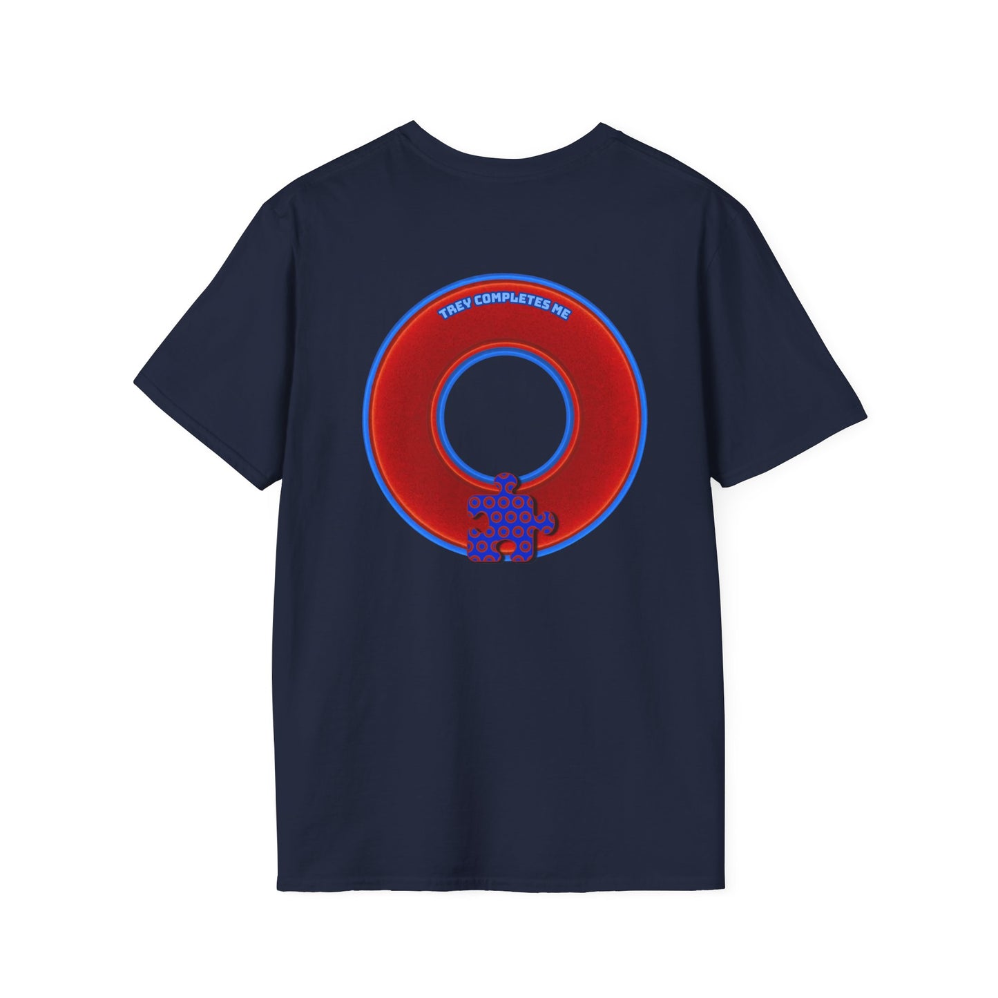Classic Donut Tee - Unisex Soft-Style - "Trey's Completed Donut" - vivid red/blue donut
