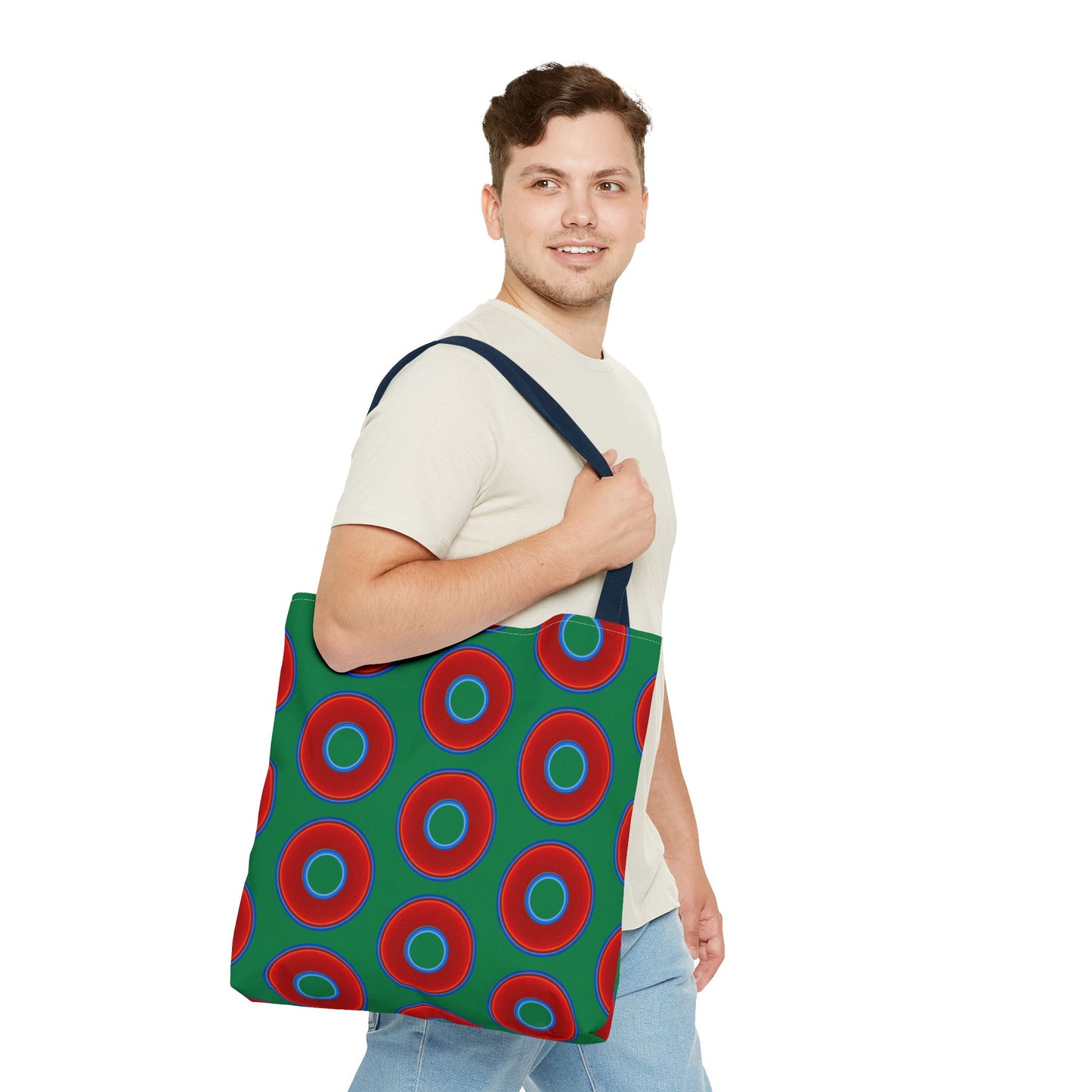 Lumpy Beach/Tote Bag - red vivid donuts w/green background