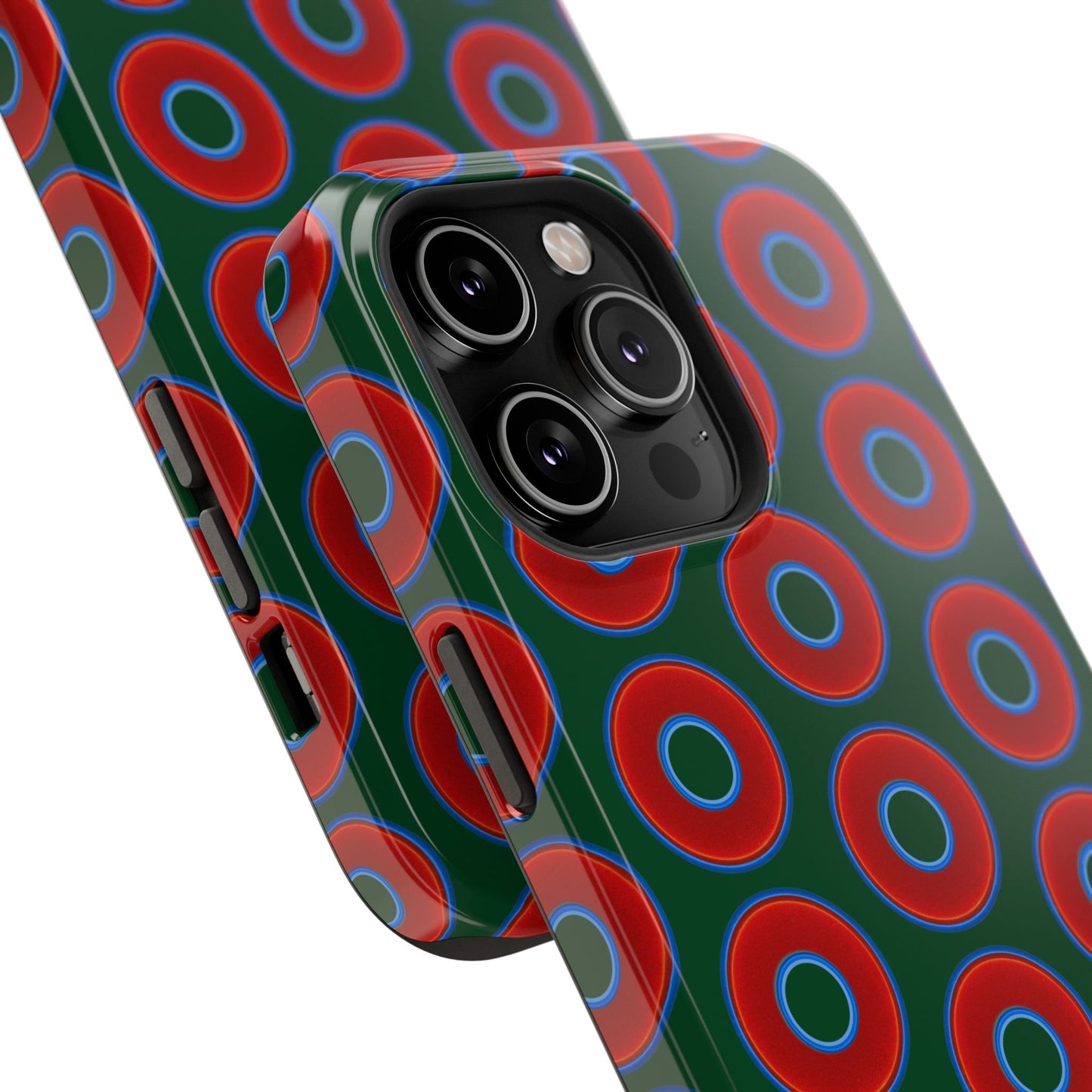 Impact-Resistant Lumpy Donut Case - red vivid donut print w/dark pond green background