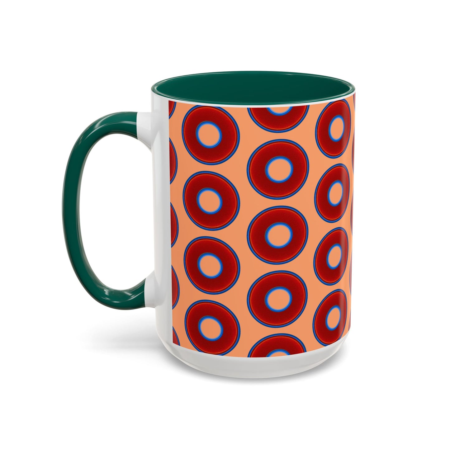 Lump's Grumpy Coffee Mug - vivid red donuts w/peach background