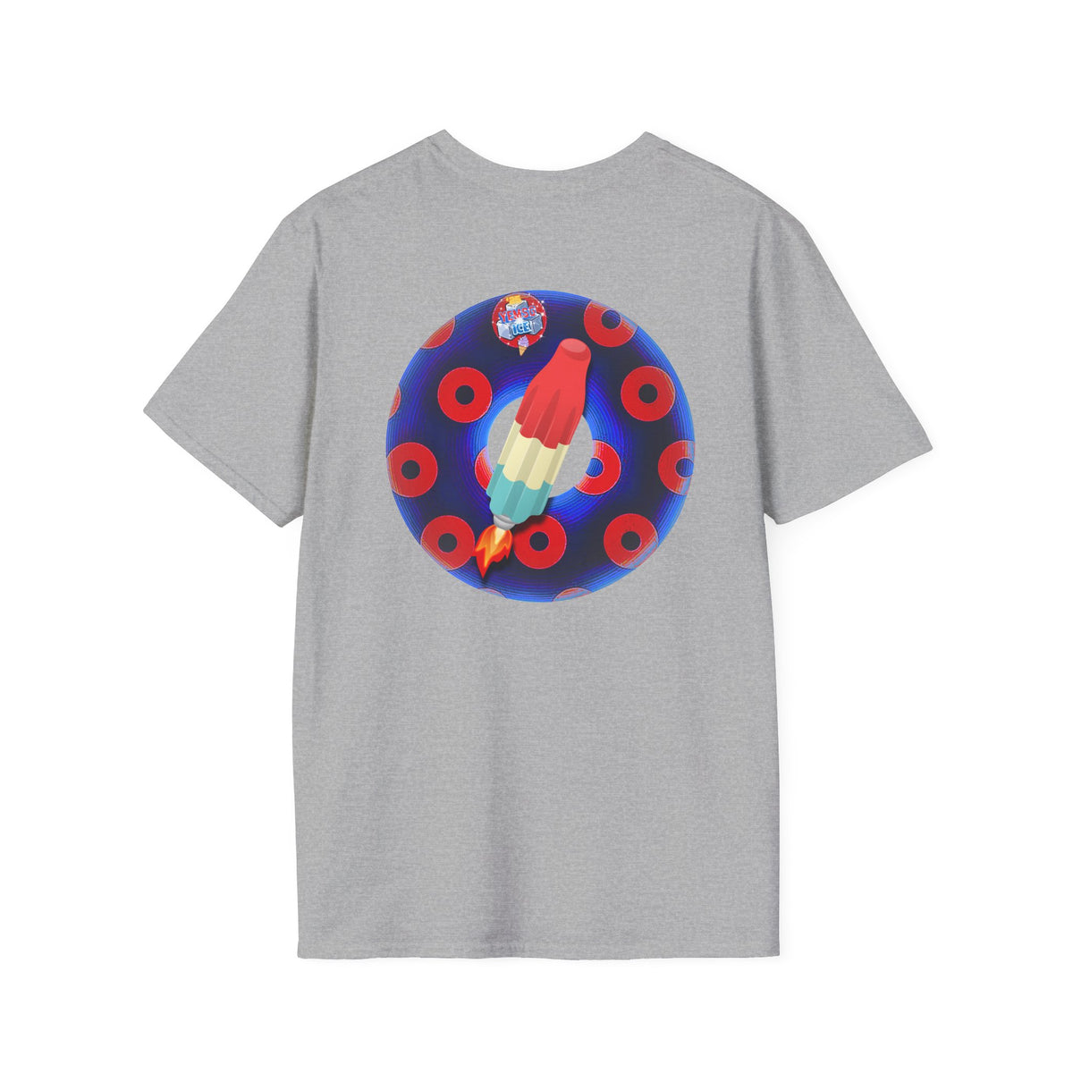Classic Donut Tee - Unisex Soft-Style - "Blow this Popsicle Stand" - blue/red paradox bomb pop donut - variant 2
