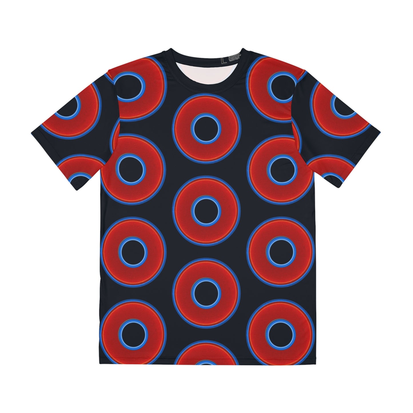 Multi-Beastie Giant Donut AOP Polyester Tee - red vivid donut print w/blue charcoal background