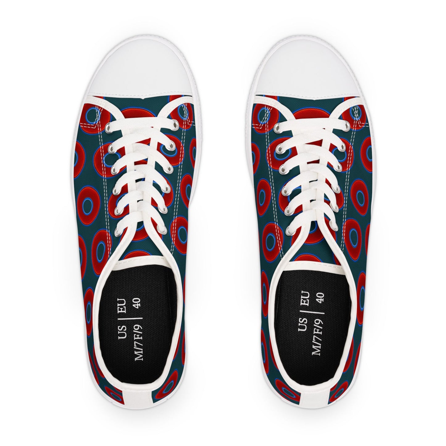 Women's - Low Top Chuck Taylors - large vivid red donut print w/midnight teal green background
