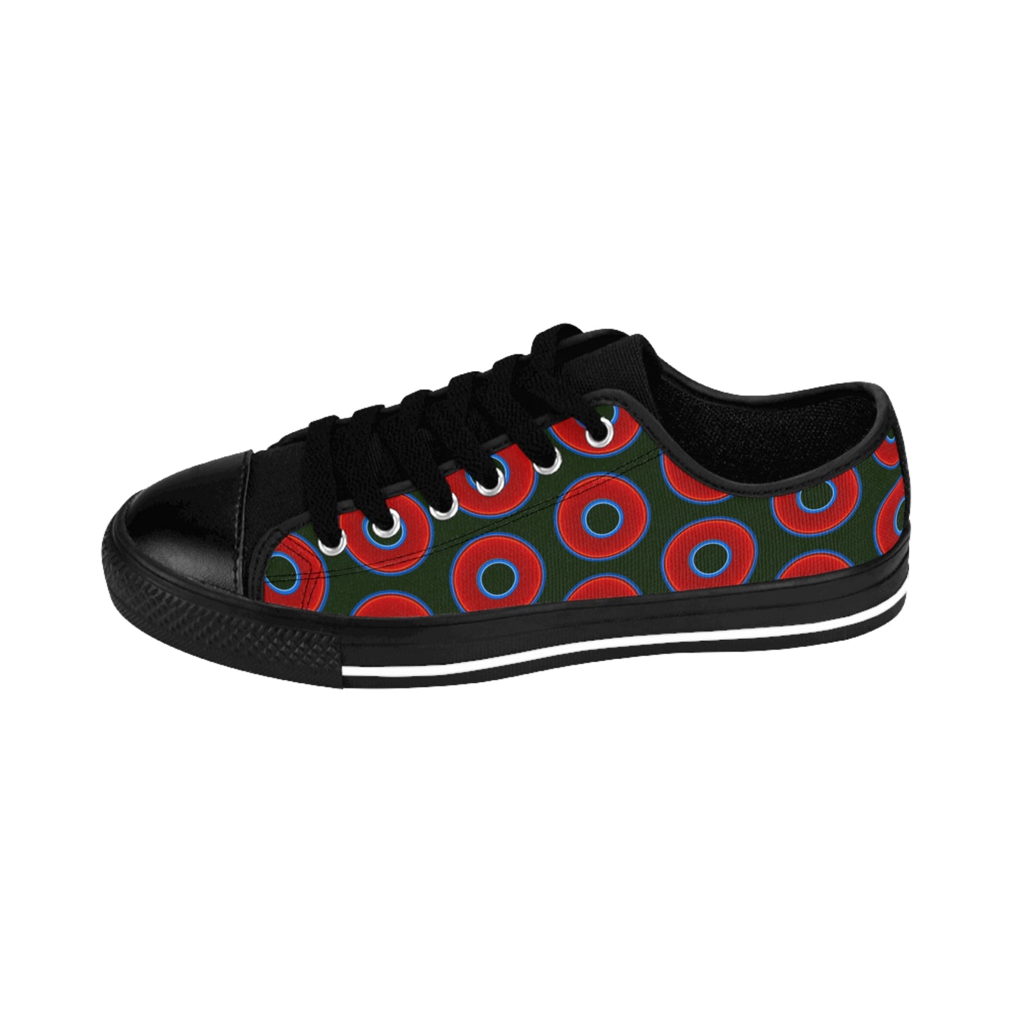 Women's Cushiony Convectors - Low Top - large red vivid donut print w/deep forest green background