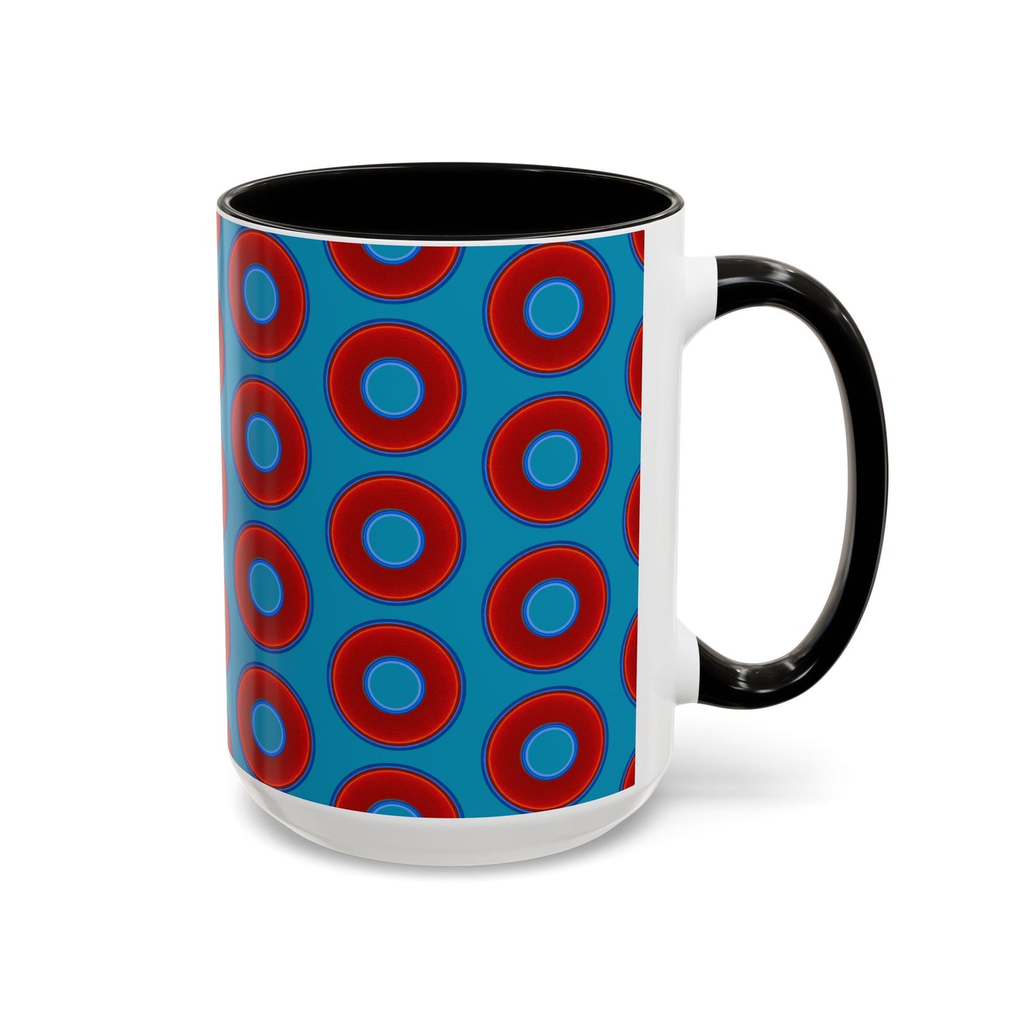 Lump's Grumpy Coffee Mug - vivid red donuts w/aquamarine blue background