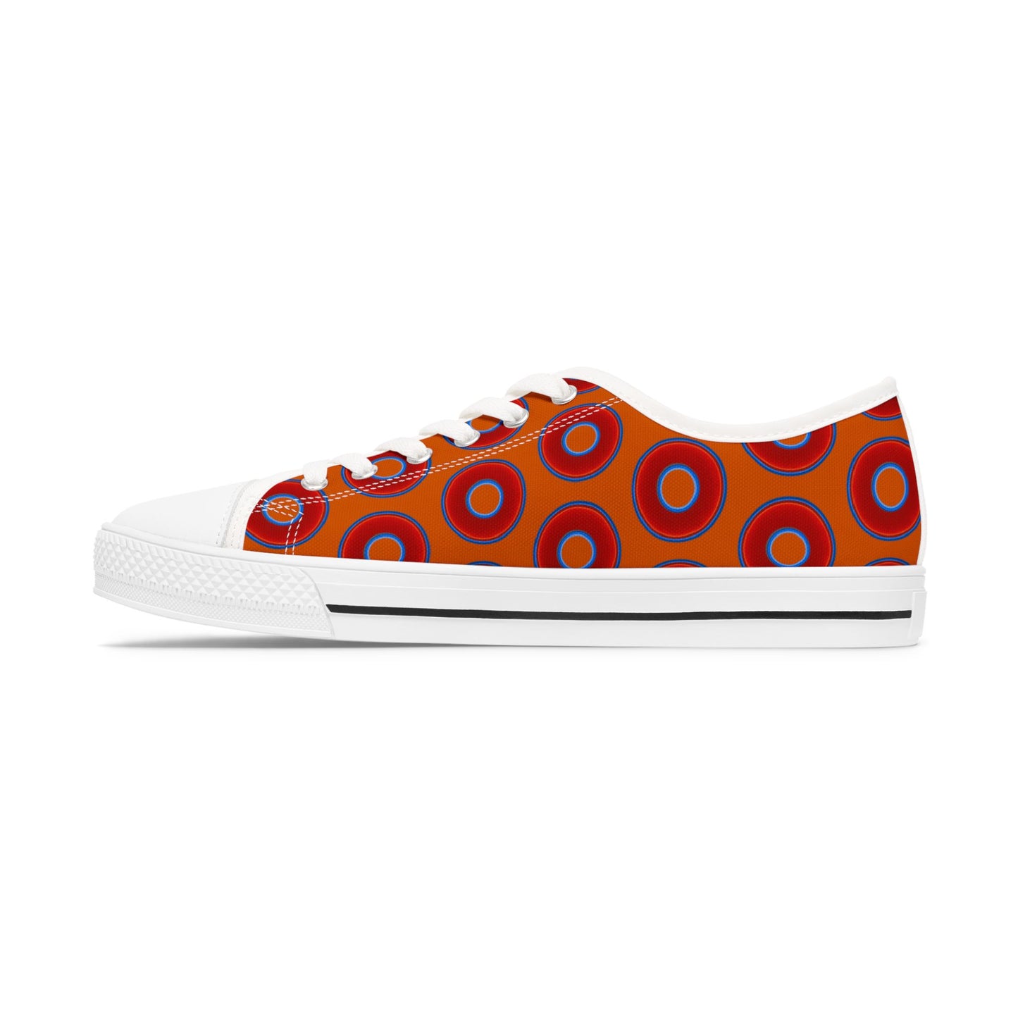 Women's - Low Top Chuck Taylors - large vivid red donut print w/dark orange background