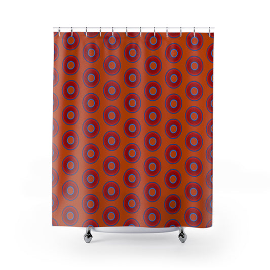 The Curtain With "Donuts" - Lumpy Bath Time Fun - vivid red donuts w/dark orange background