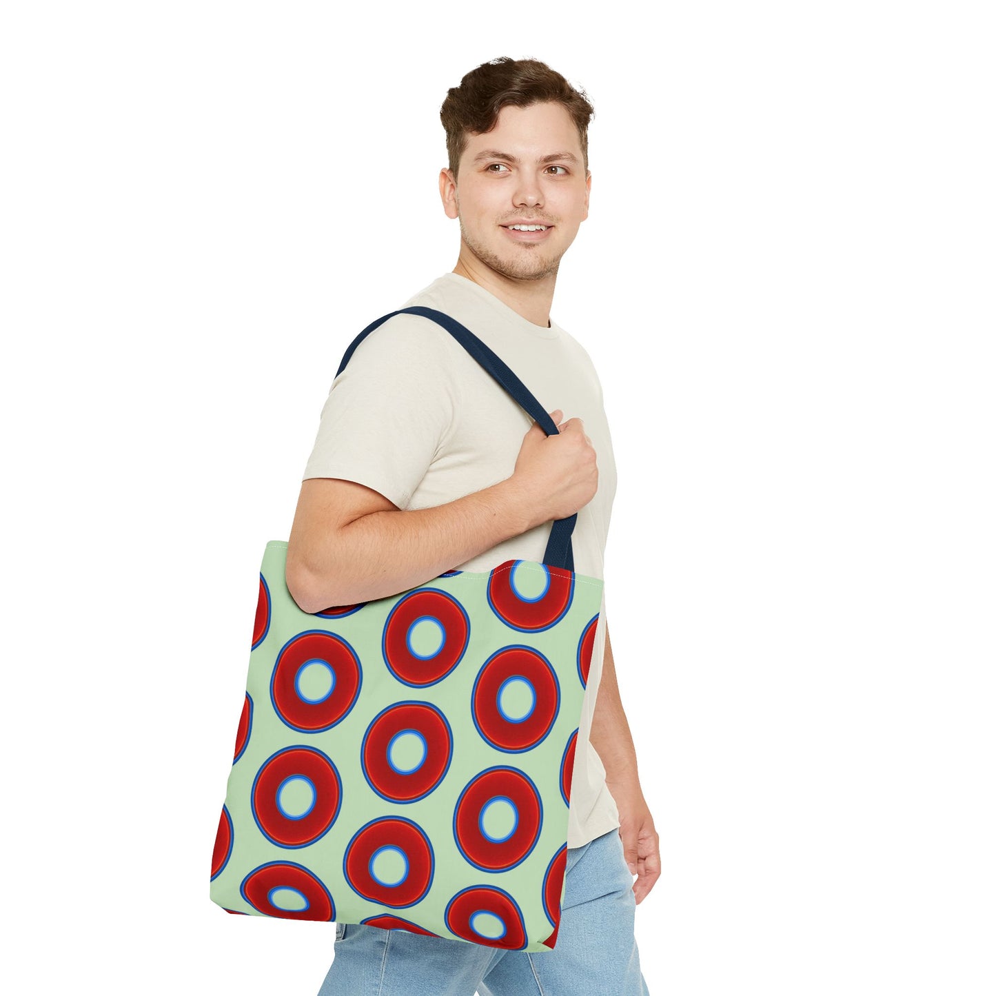 Lumpy Beach/Tote Bag - red vivid donuts w/seafoam background