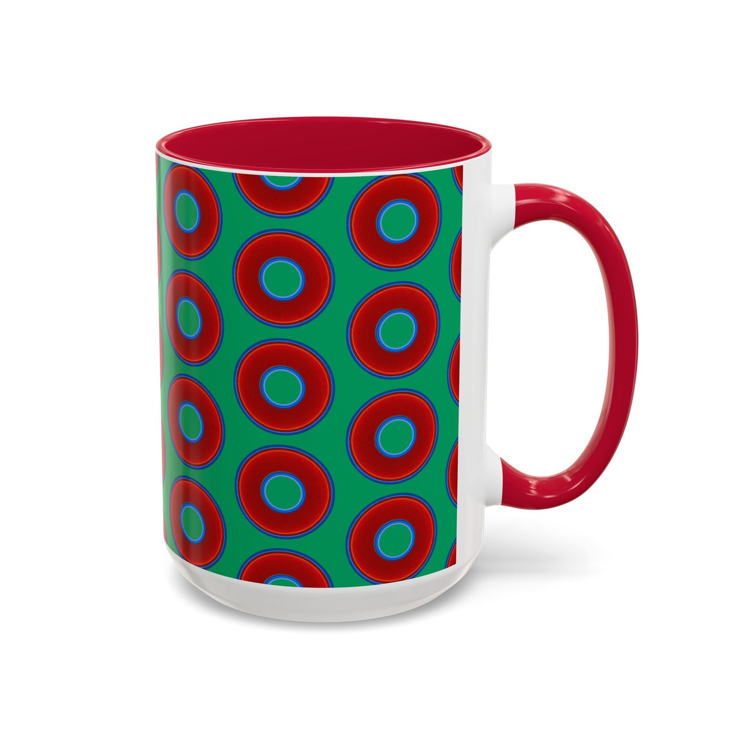 Lump's Grumpy Coffee Mug - vivid red donuts w/jade green background