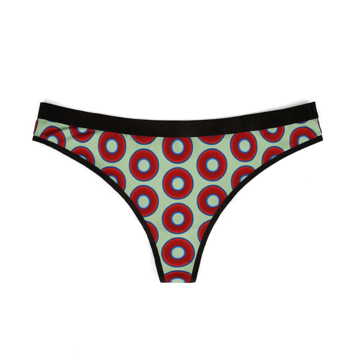 Lumpy Donut Thongs - red vivid donut print w/seafoam green background
