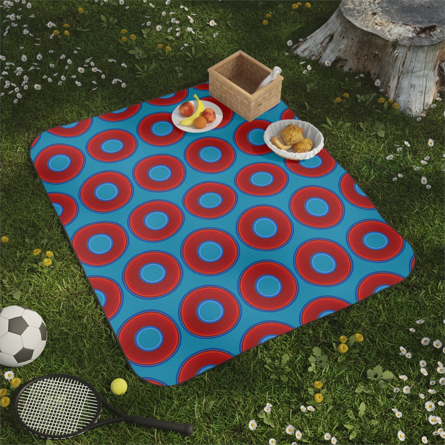 The Lumpy Party Blanket - giant water-resistant outdoor blanket [61" x 51"] - vivid red donuts w/aquamarine blue background