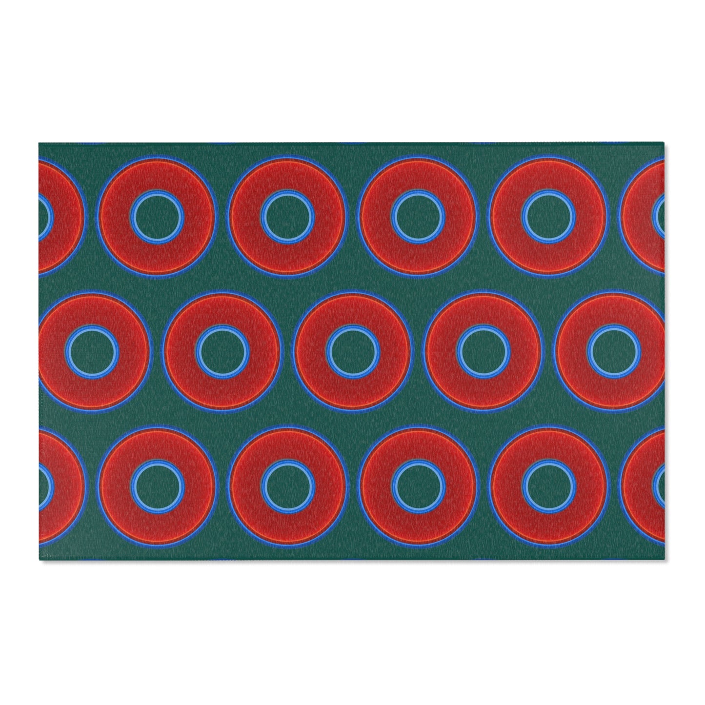 Lumpy Donut Print Rug - choice of 3 sizes - vivid red donut print w/dark Fenway green background