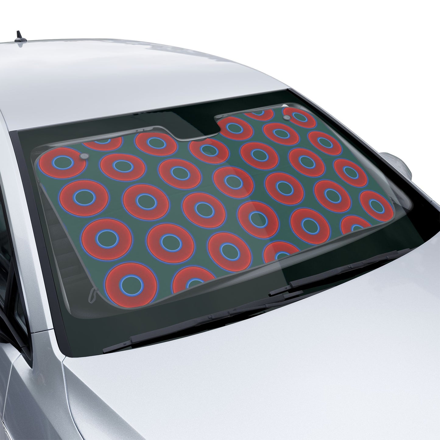 Automotive Donut Sun Shade - red vivid donuts w/dark Fenway green background