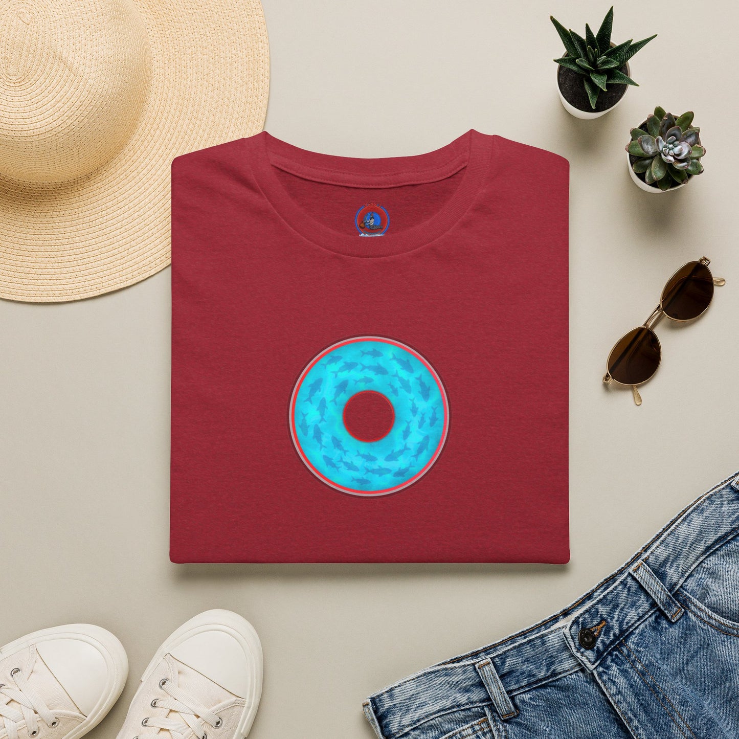 Classic Donut Tee - Unisex Soft-Style - "Skoolie of Phishies" - vivid sea donut - w/light blue water - variant 1