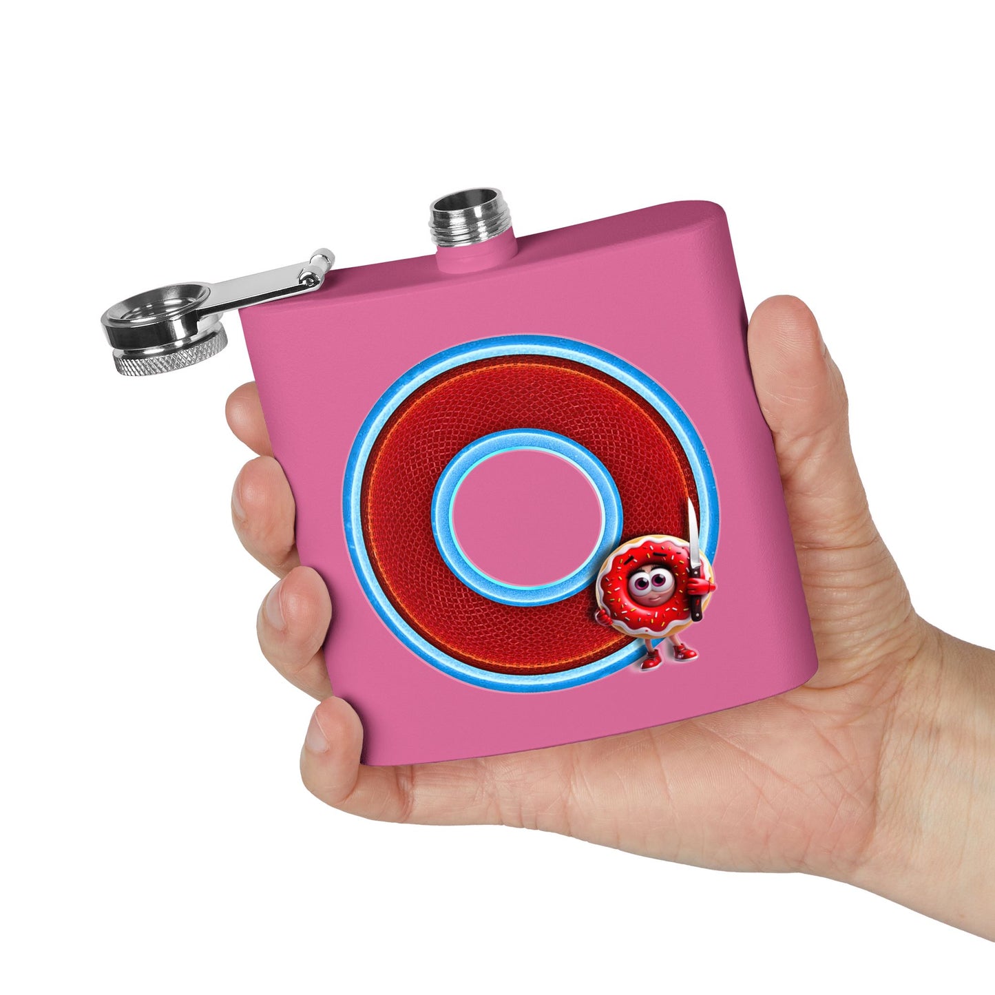 Lump's Donut Flask 6 oz -  "My Phriend, My Phriend the Donut's Flask" - red/light blue rustic donut - [*w/your choice of 6 backgrounds]