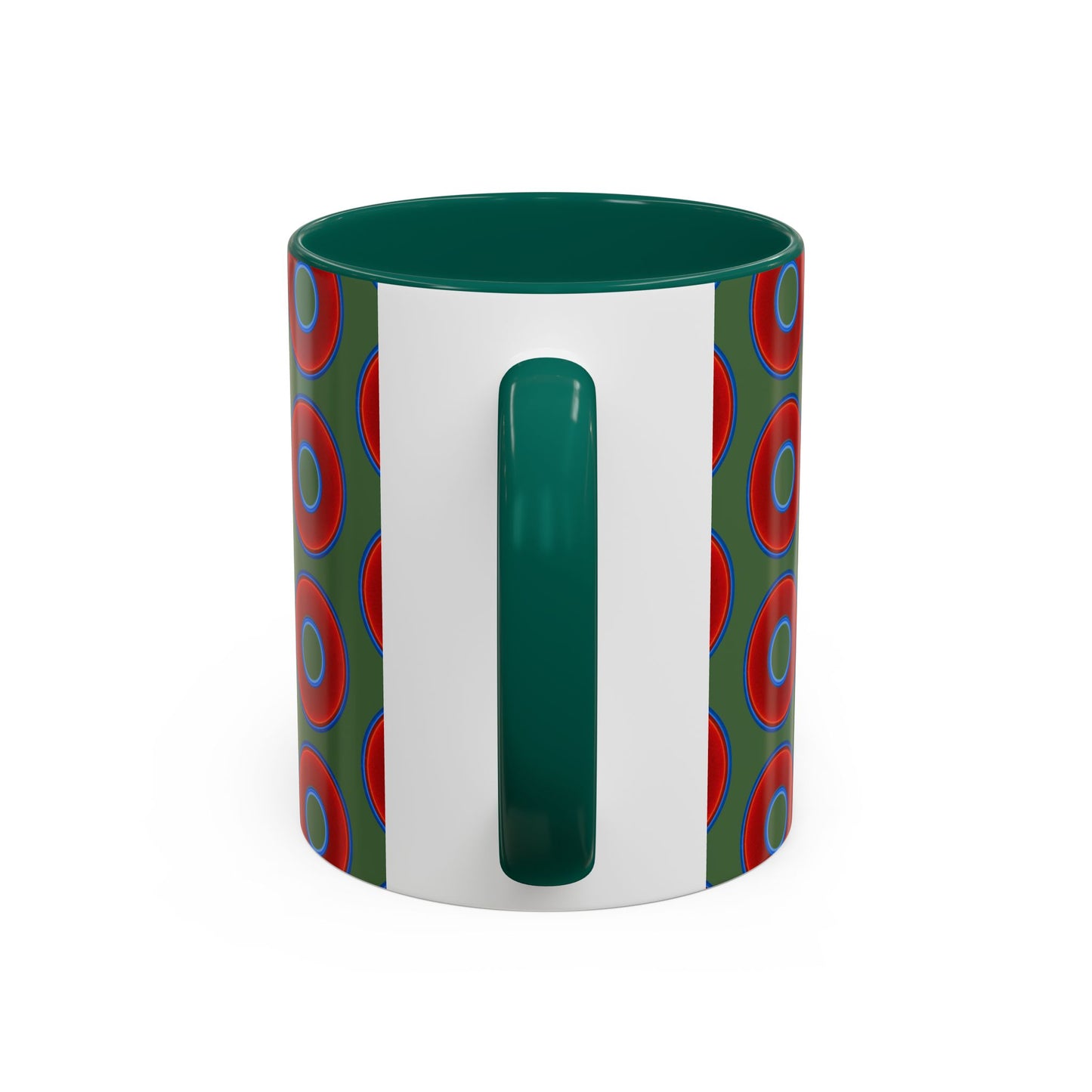 Lump's Grumpy Coffee Mug - vivid red donuts w/dark green background
