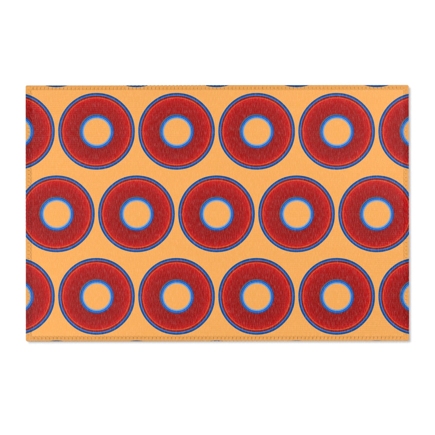 Lumpy Donut Print Rug - choice of 3 sizes - vivid red donut print w/creamsicle orange background