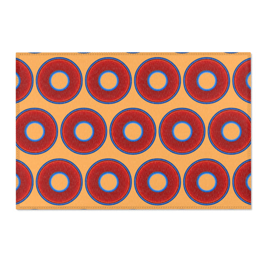 Lumpy Donut Print Rug - choice of 3 sizes - vivid red donut print w/creamsicle orange background