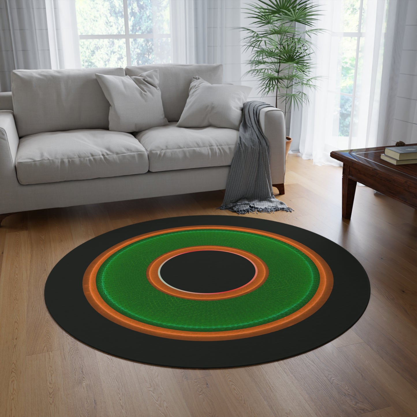 Round Room - 5 ft x 5 ft Lumpy Donut Rug - "Plain Donut" - rustic green/orange donut w/midnight moss green background